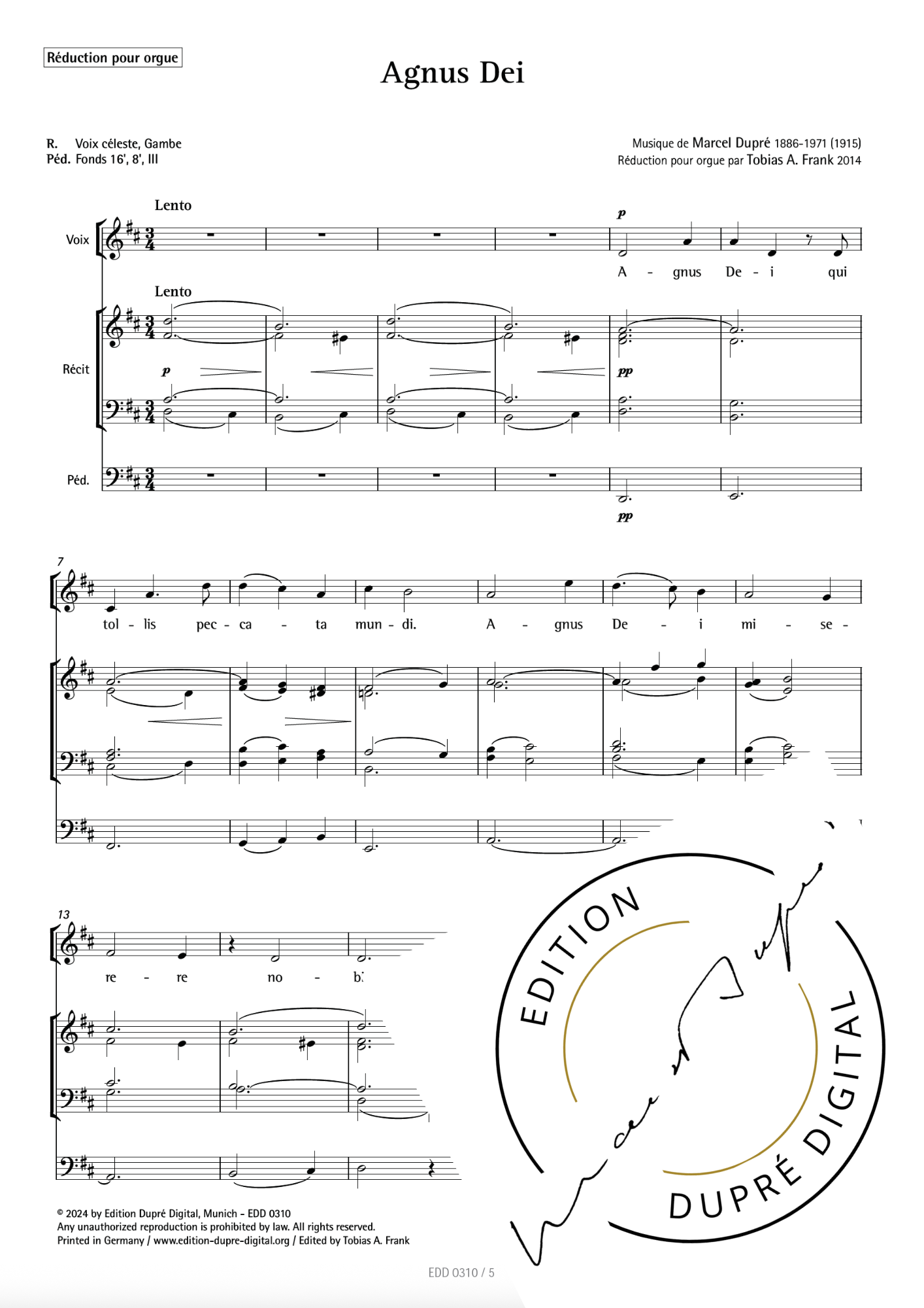 Marcel Dupré: Agnus Dei pour voix & orgue