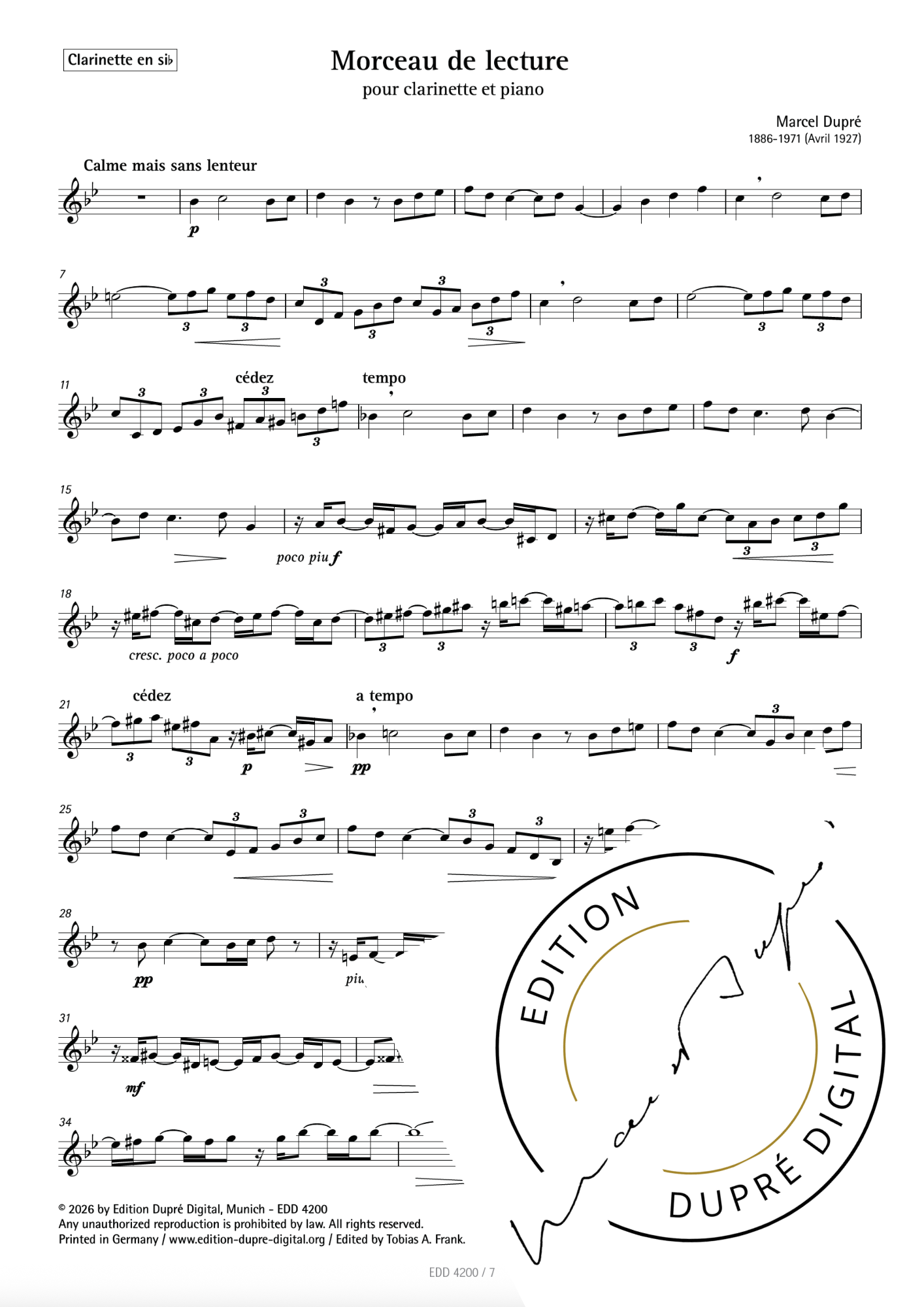 Marcel Dupré: Morceau de lecture pour clarinette & piano