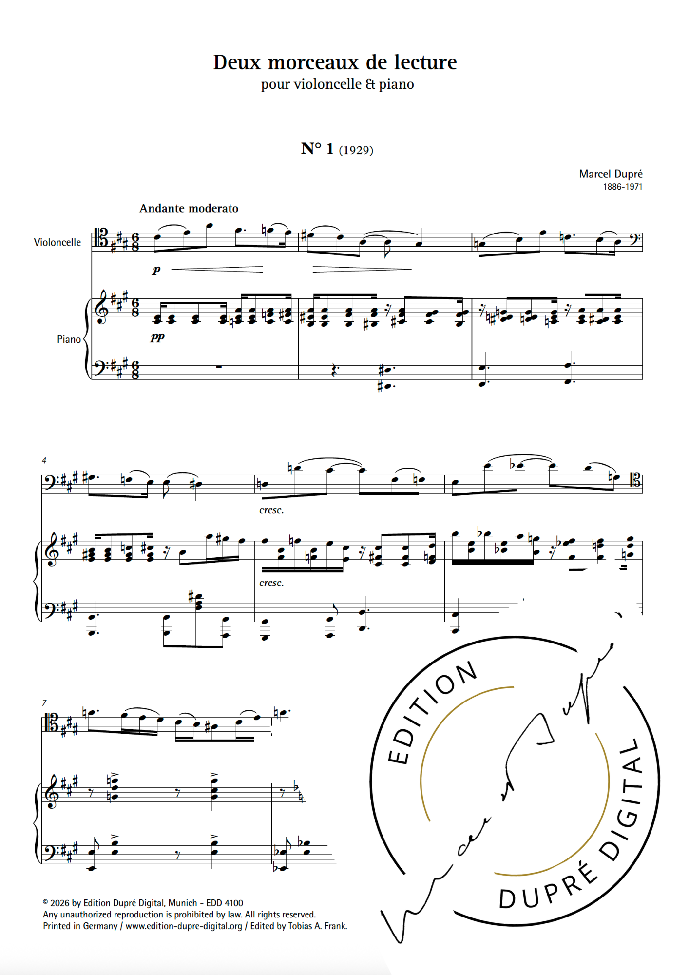 Marcel Dupré: Deux morceaux de lecture pour violoncelle & piano
