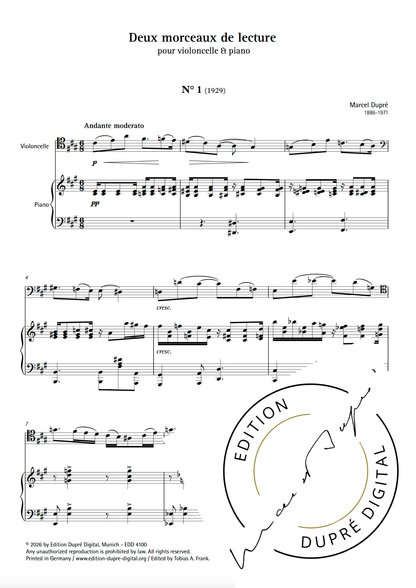 Marcel Dupré: Deux morceaux de lecture pour violoncelle & piano