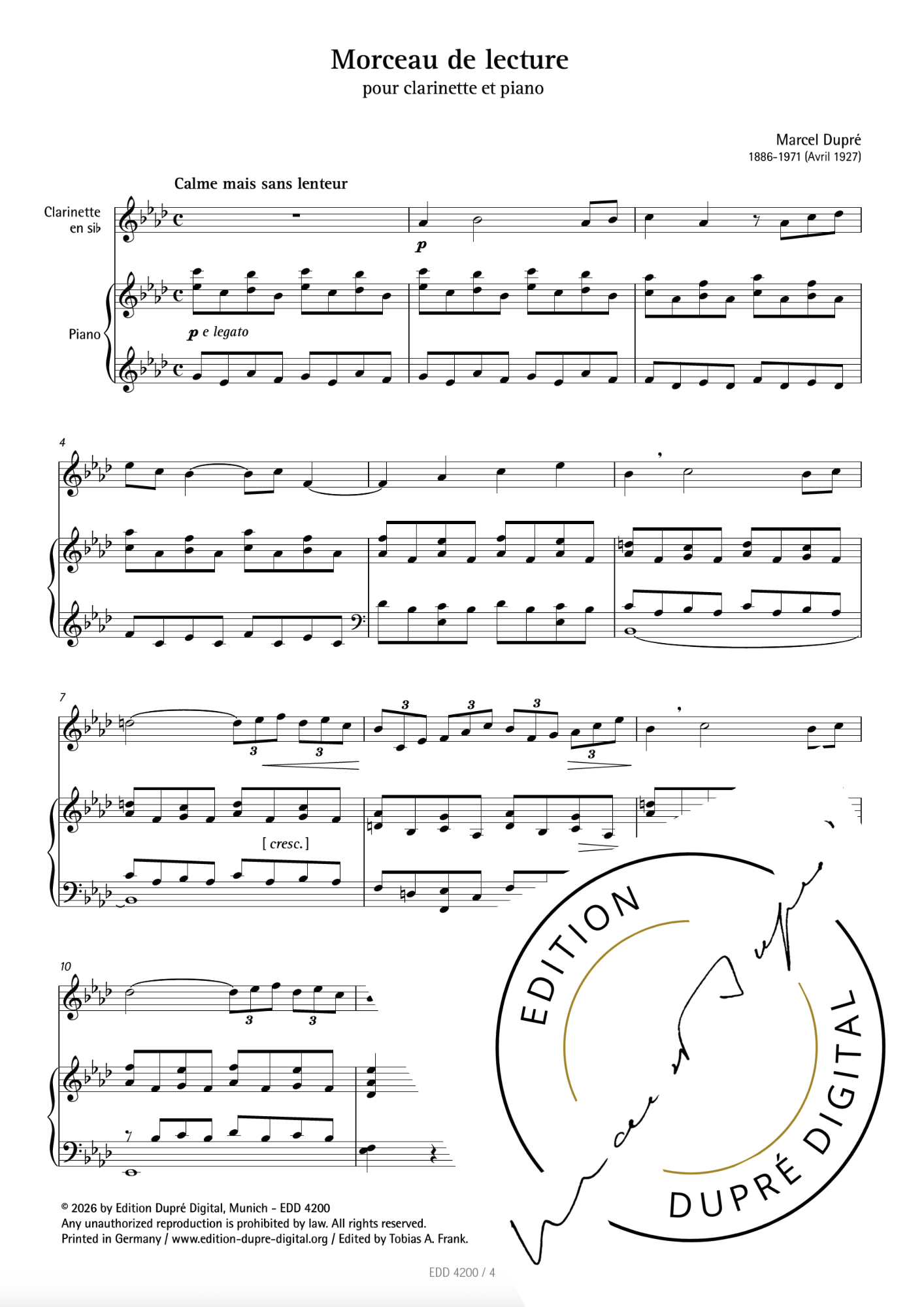 Marcel Dupré: Morceau de lecture pour clarinette & piano