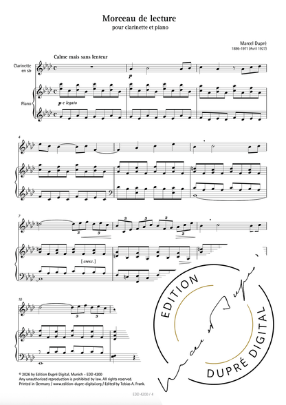 Marcel Dupré: Morceau de lecture pour clarinette & piano