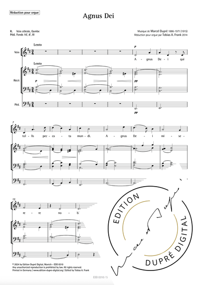 Marcel Dupré: Agnus Dei pour voix & orgue