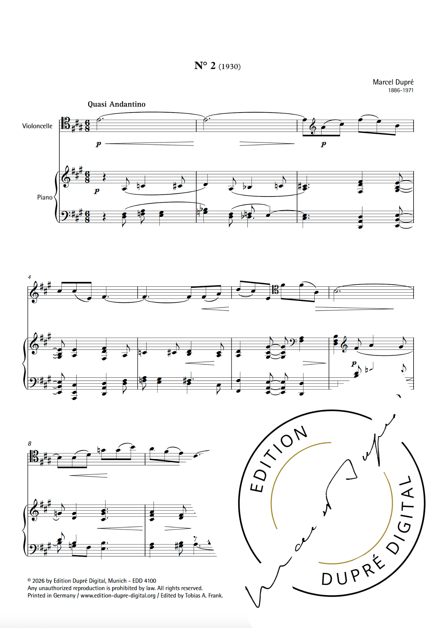 Marcel Dupré: Deux morceaux de lecture pour violoncelle & piano