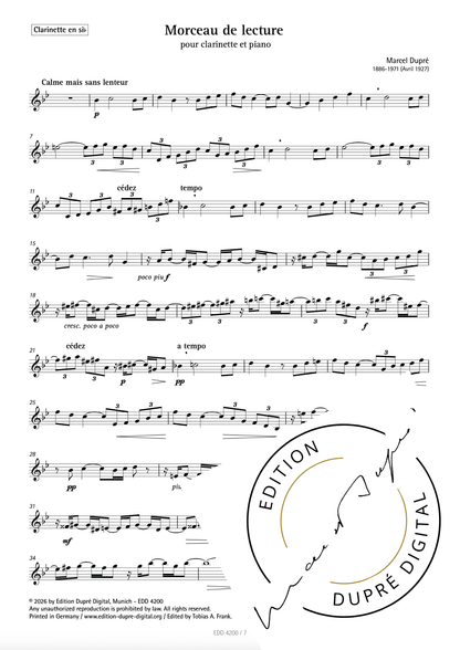 Marcel Dupré: Morceau de lecture pour clarinette & piano